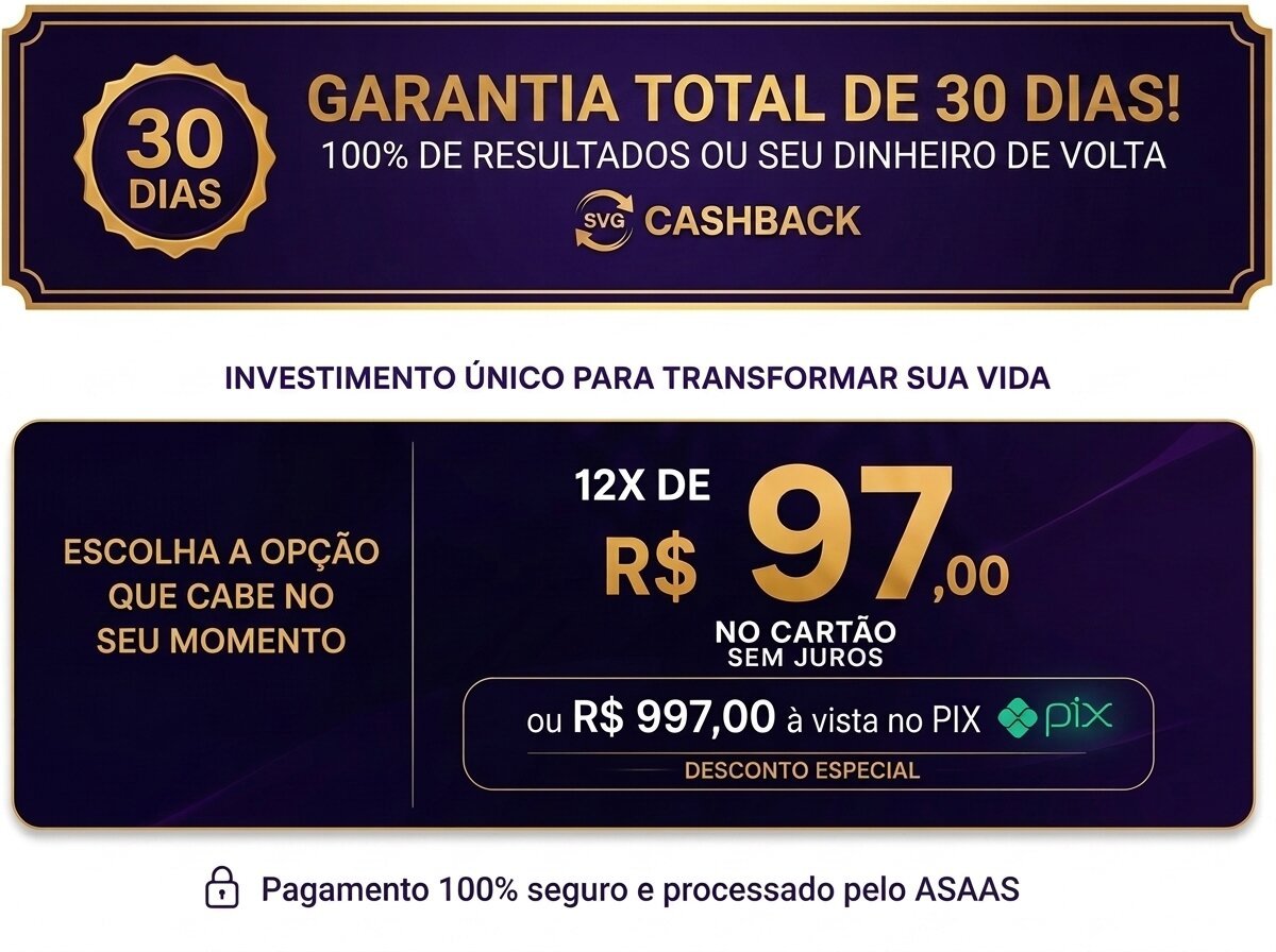 Garantia total de 30 dias — 100% de resultados ou seu dinheiro de volta. Investimento: 12x de R$ 97,00 no cartão sem juros ou R$ 997,00 no PIX. Pagamento seguro pelo ASAAS.