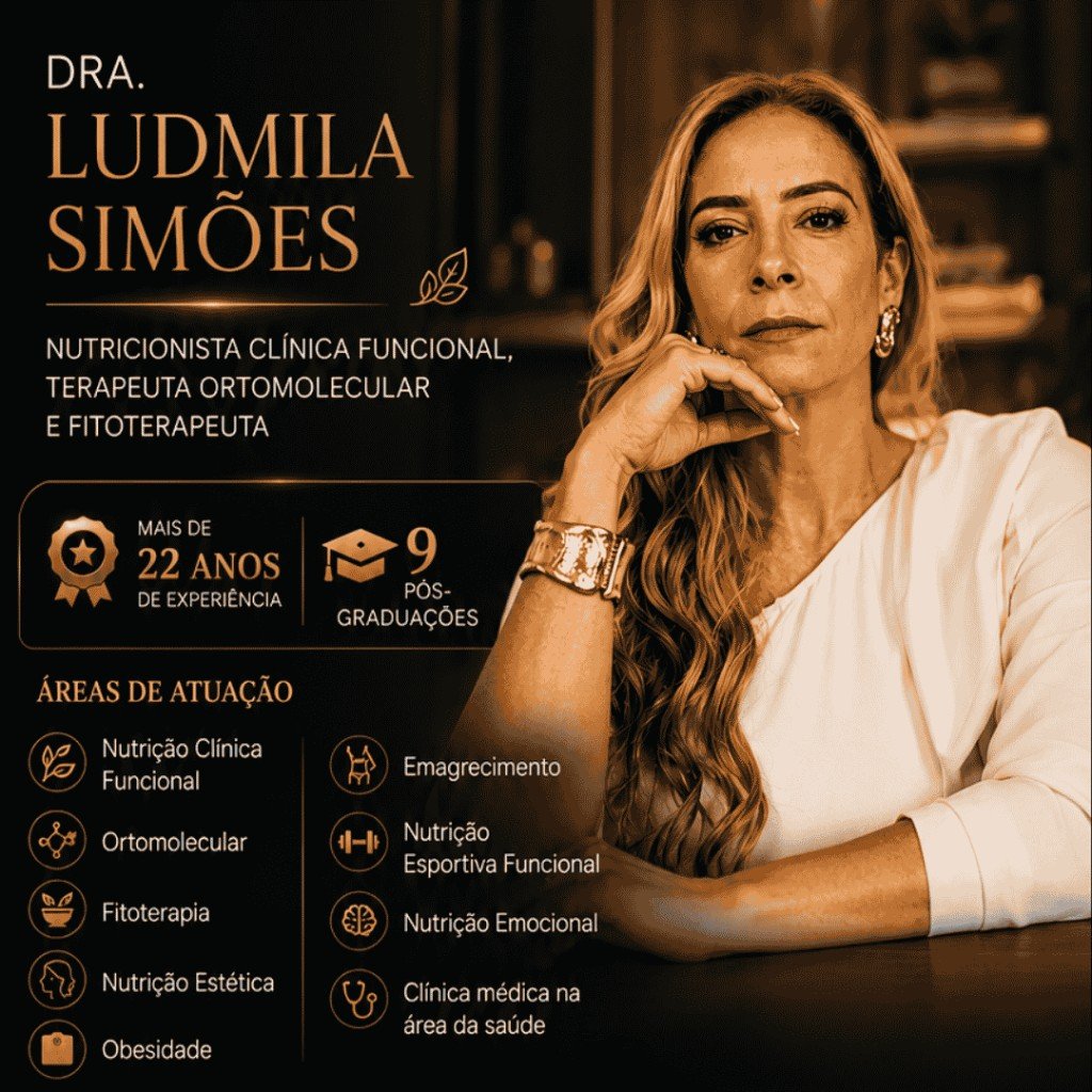 Dra. Ludmila Simões — nutricionista clínica funcional, ortomolecular e fitoterapeuta, mais de 22 anos de experiência e 9 pós-graduações. Clique para garantir o Protocolo.