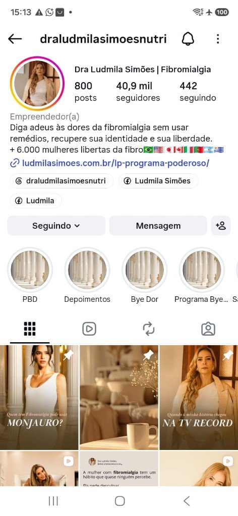Perfil Instagram @draludmilasimoesnutri — autoridade em fibromialgia. Clique para garantir o Protocolo.